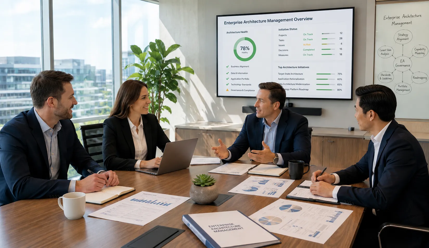 Enterprise-Architekten bei der Prüfung von Transformationsprogramm-Lieferobjekten